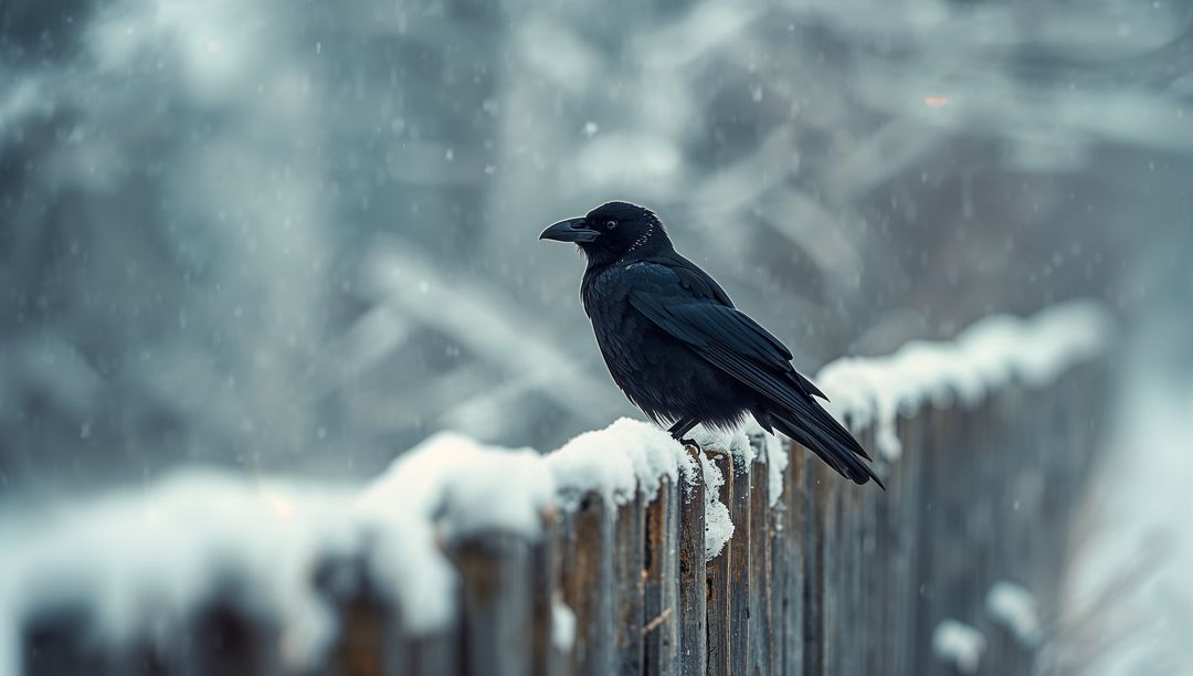 Black Crow on Snowy Fence Amidst Winter Wonderland