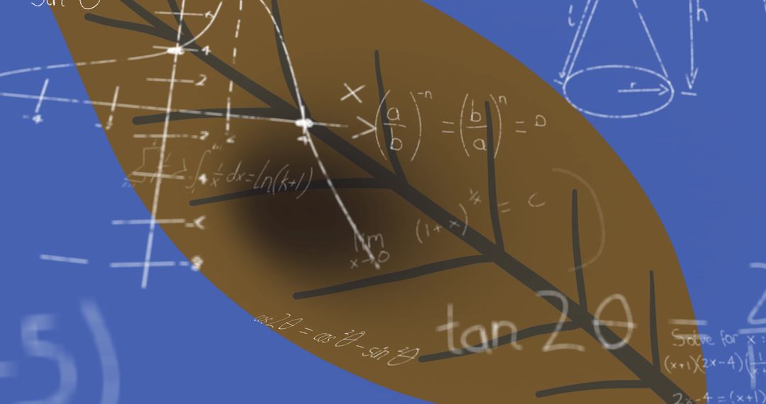 Mathematical Equations Overlay on Abstract Leaf and Blue Background