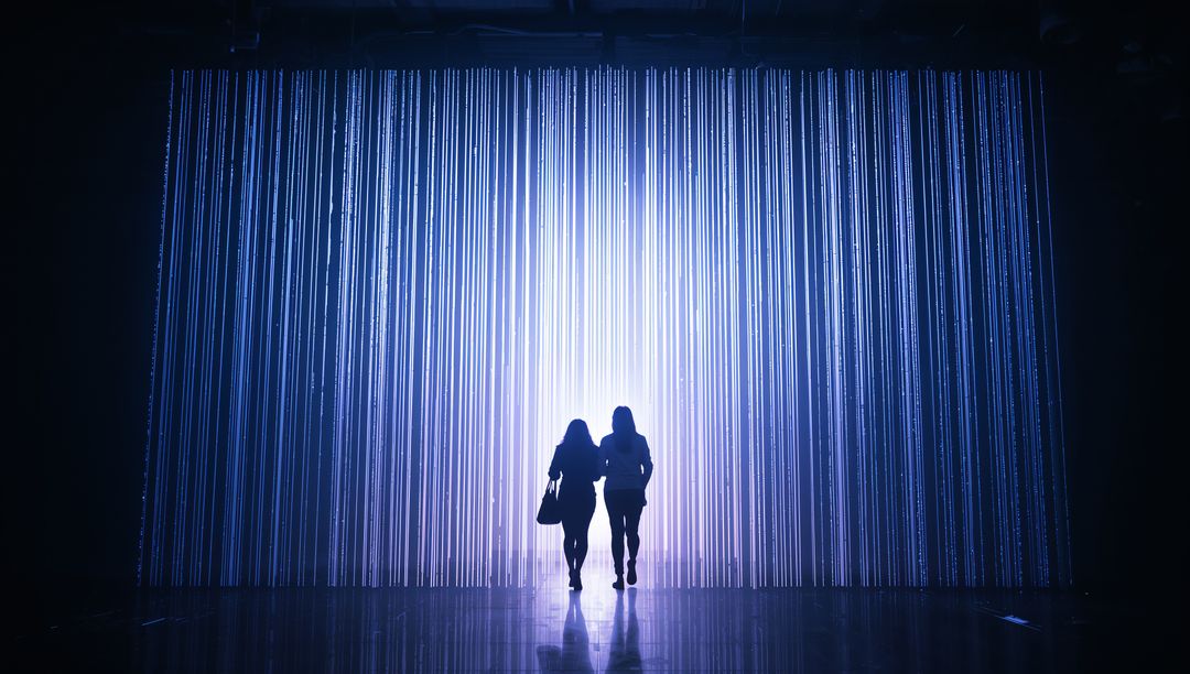 Silhouetted Figures Walking Through Vertical LED Light Curtain in Contemporary Gallery