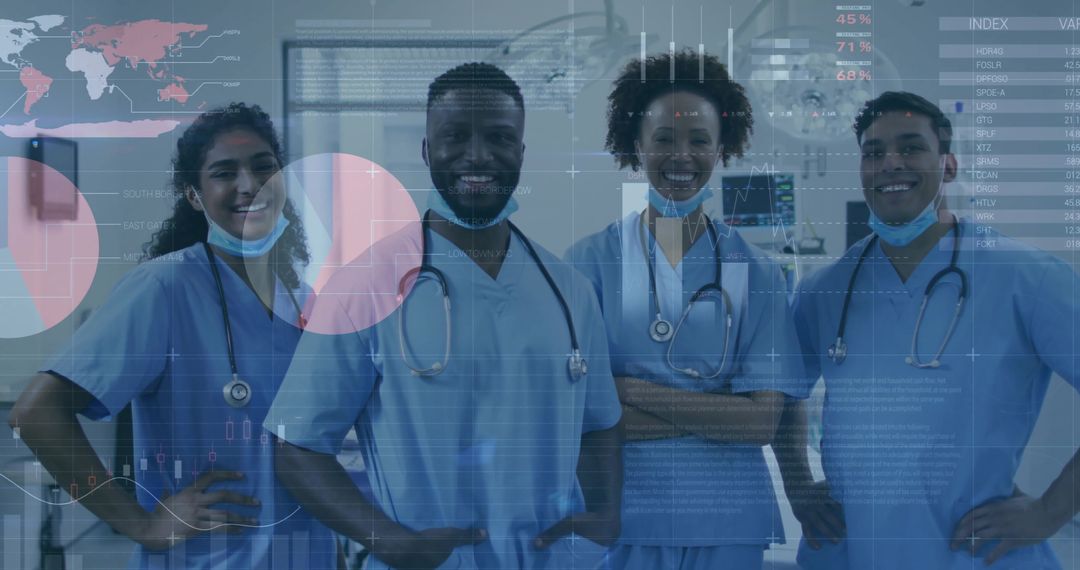 Diverse Medical Team Analyzing Data in High-Tech Operating Room