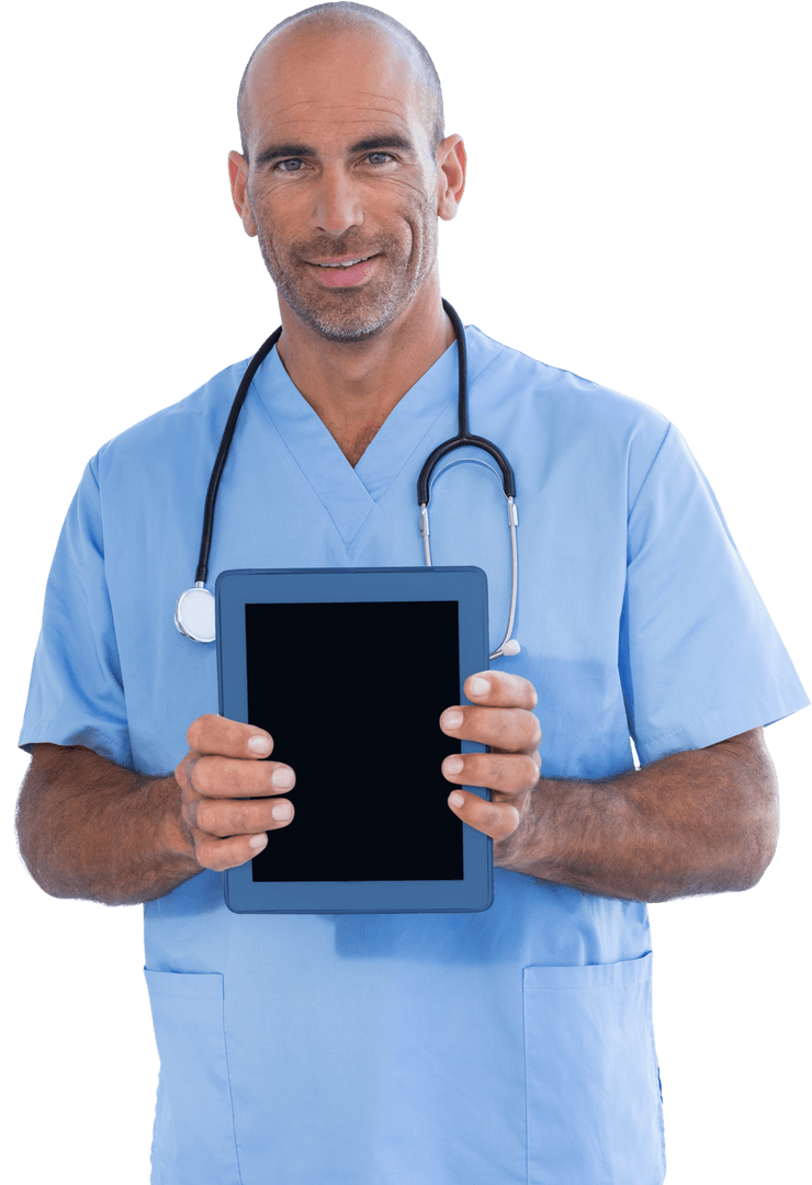 Smiling Doctor Holding Tablet with Transparent Screen