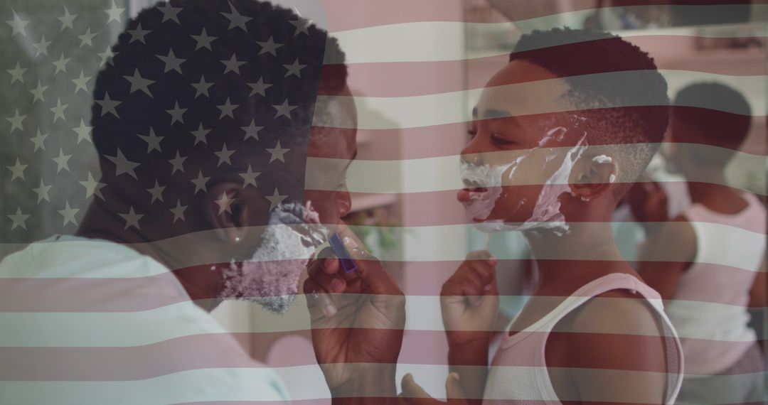 Father and Son Shaving Ritual with Superimposed American Flag