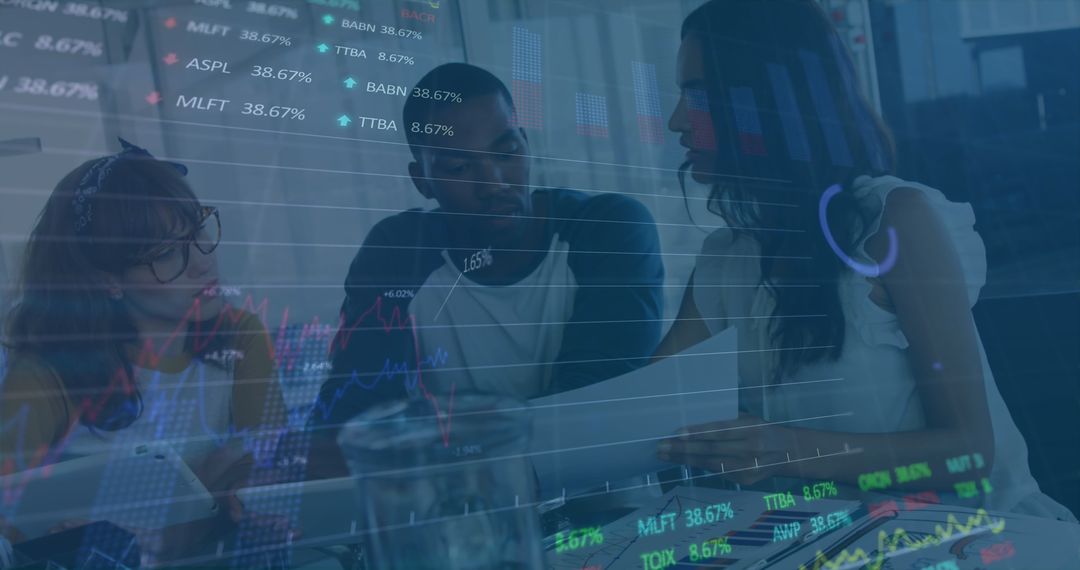 Business Team with Financial Data and Stock Market Overlay