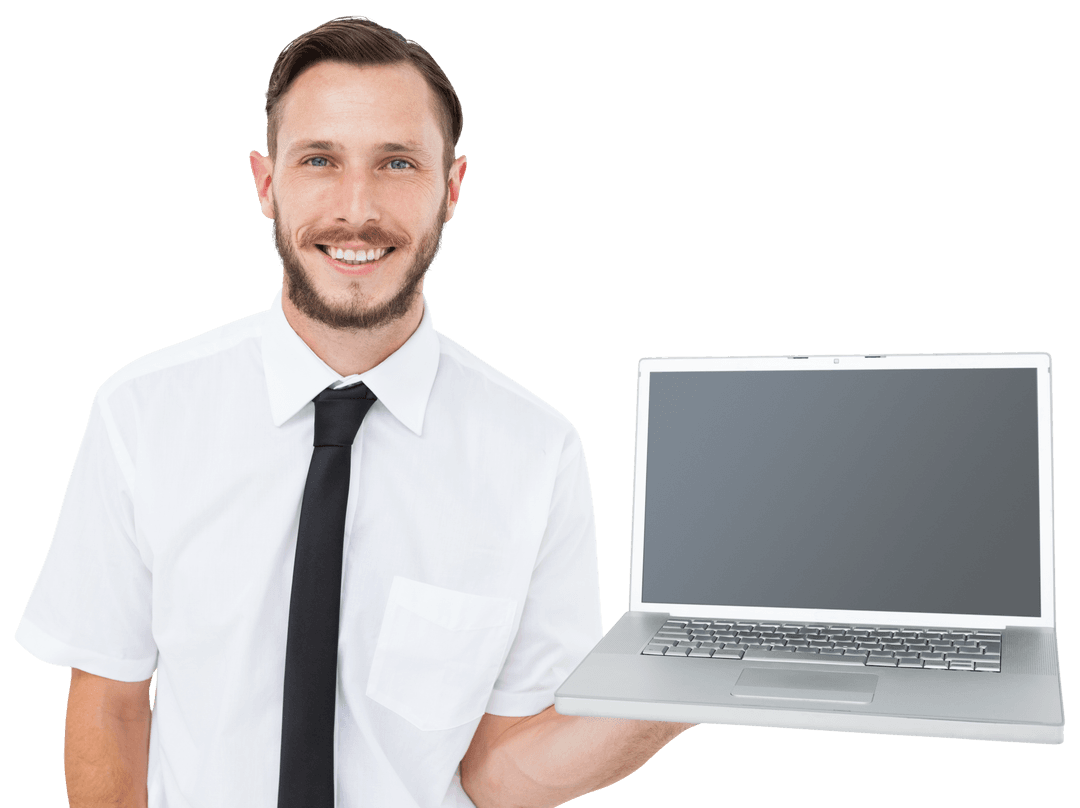 Smiling Entrepreneur Showing Blank Laptop with Transparent Background