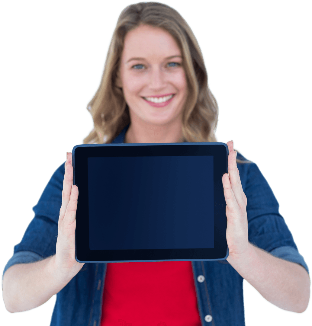 Transparent Smiling Woman Holding Transparent Tablet