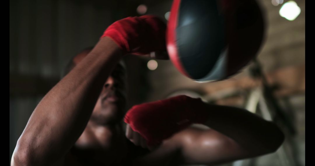 Focused Young Boxer Training with Punching Bag