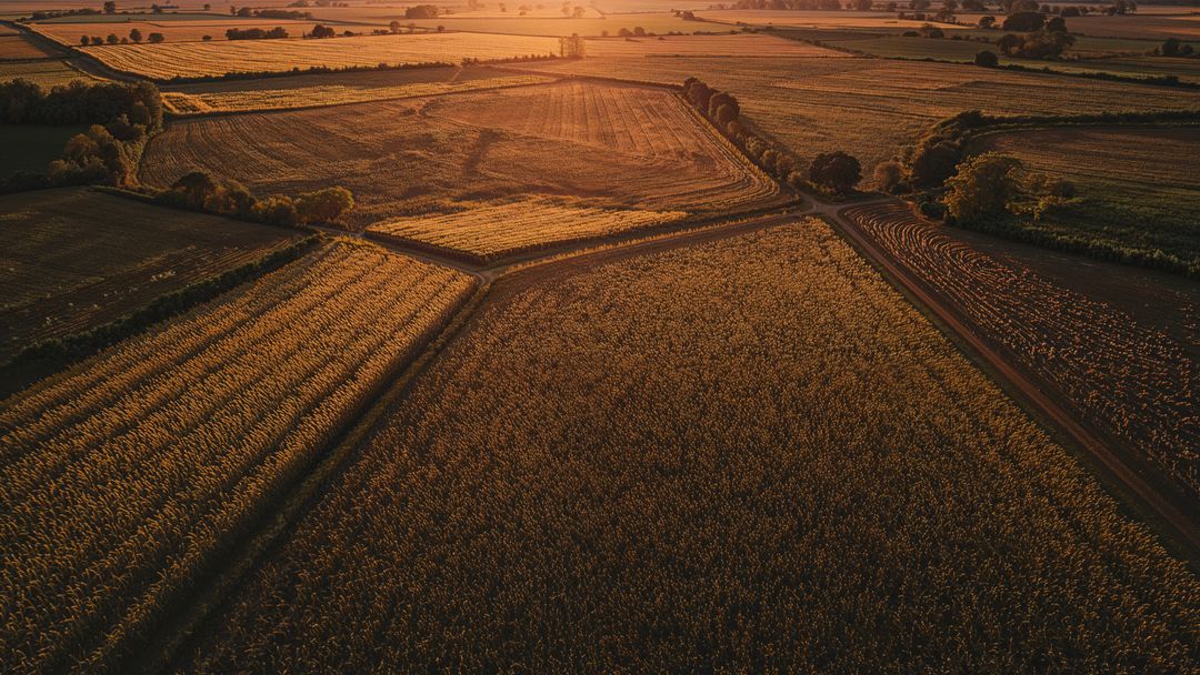 Golden Sunset Over Vast Aerial Farmland with Crop Fields