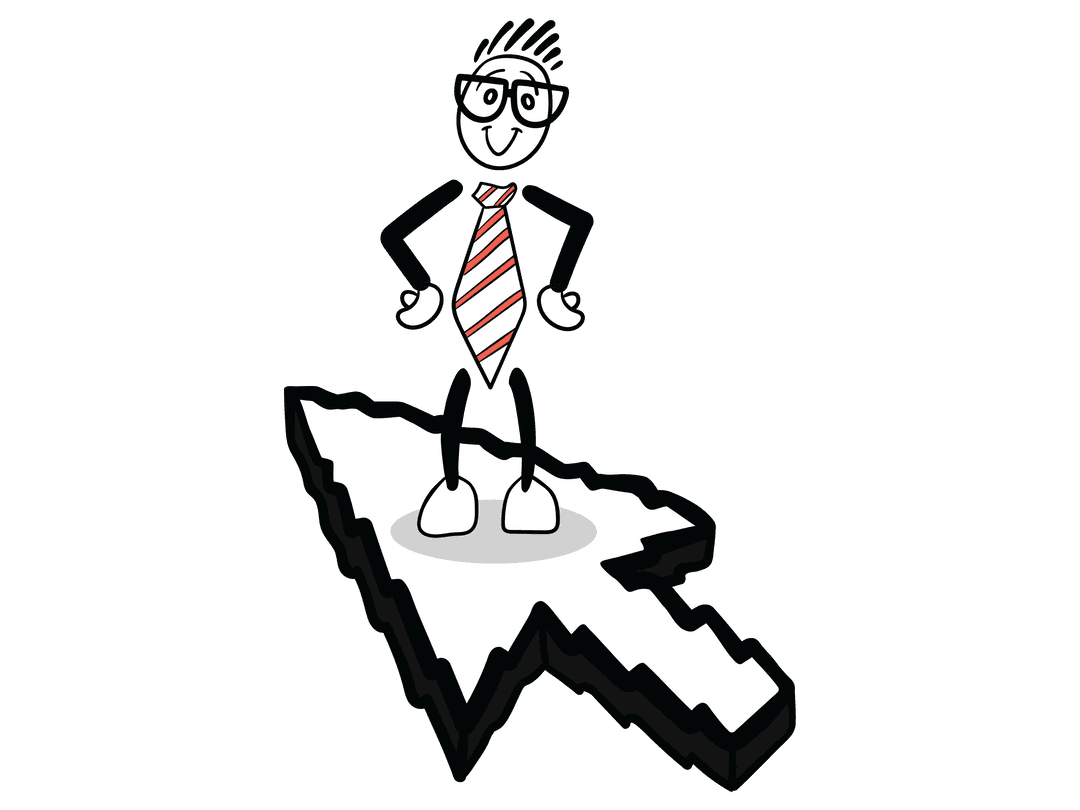 Transparent Cartoon Businessman Standing Confidently on Cursor Arrow