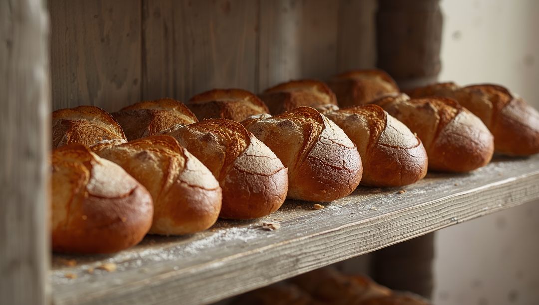 Artisan Bread Loaves Neatly Placed on Rustic Wooden Shelf