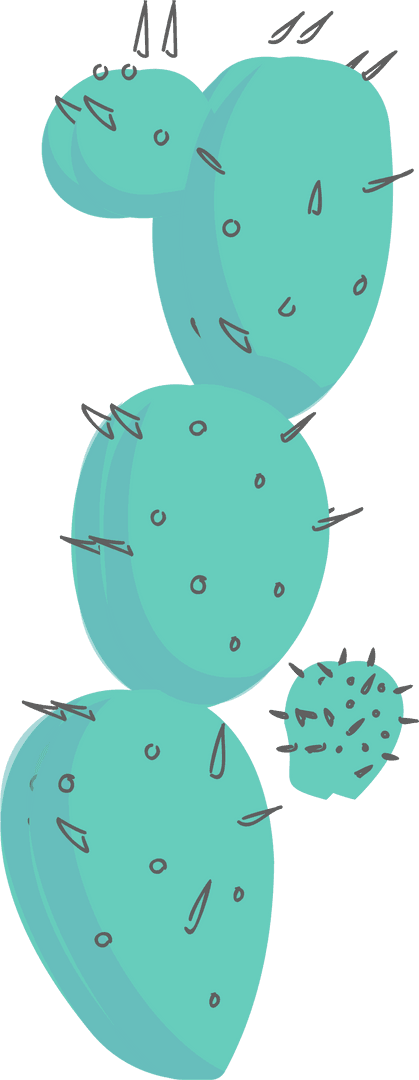 Teal Cartoon Cactus with Black Spines on Transparent Background