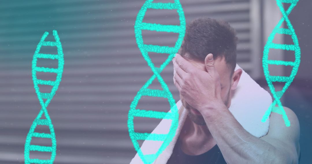 Exhausted Athlete Resting at Gym with DNA Overlay
