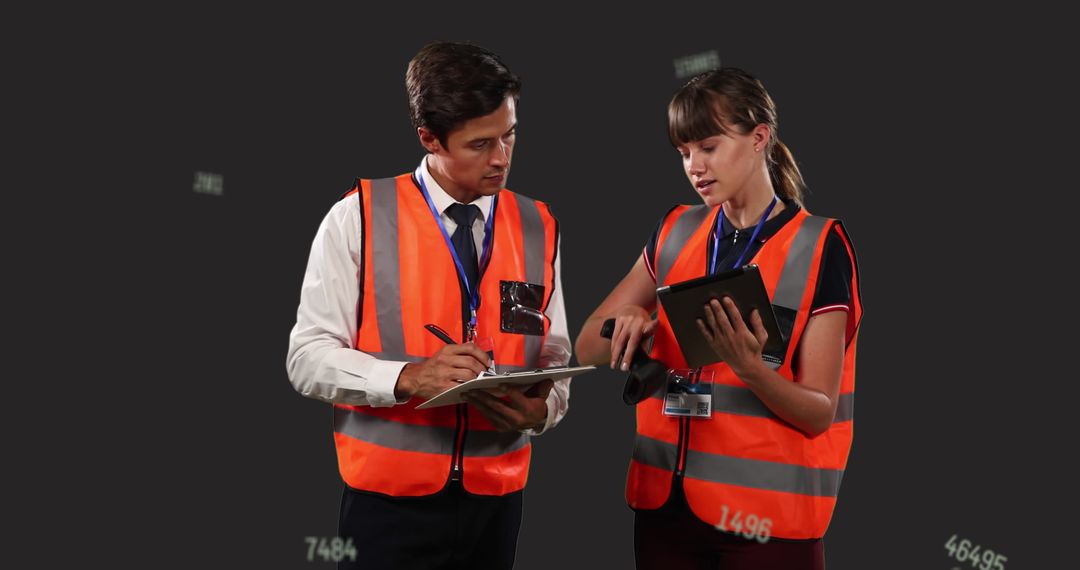 Engineers in High-Visibility Vests Analyzing Digital Data