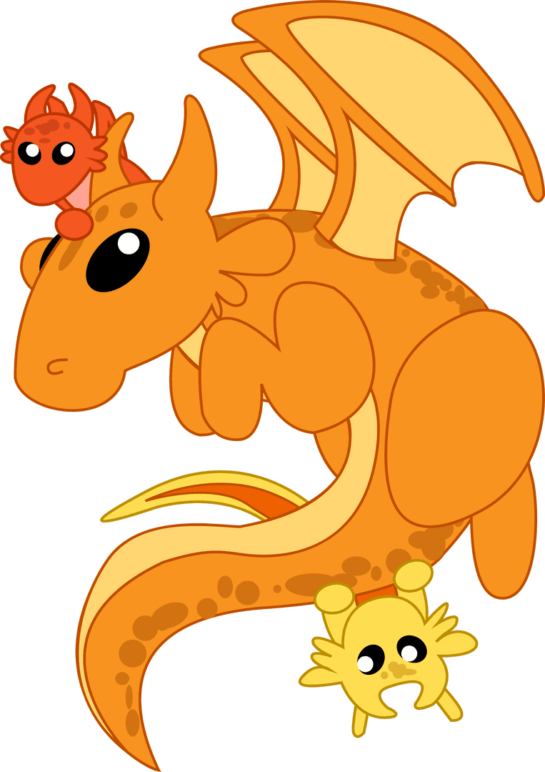 Whimsical Orange Dragon With Companions on Transparent Background