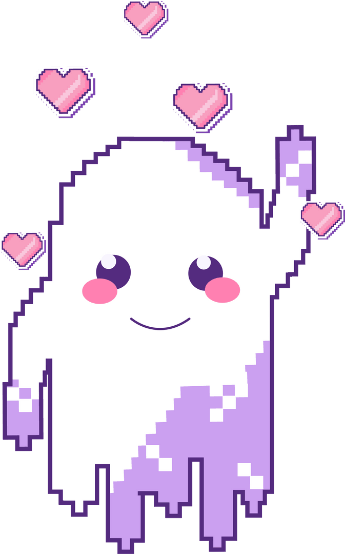 Pixelated Ghost Waving Cheerfully with Hearts on Transparent Background