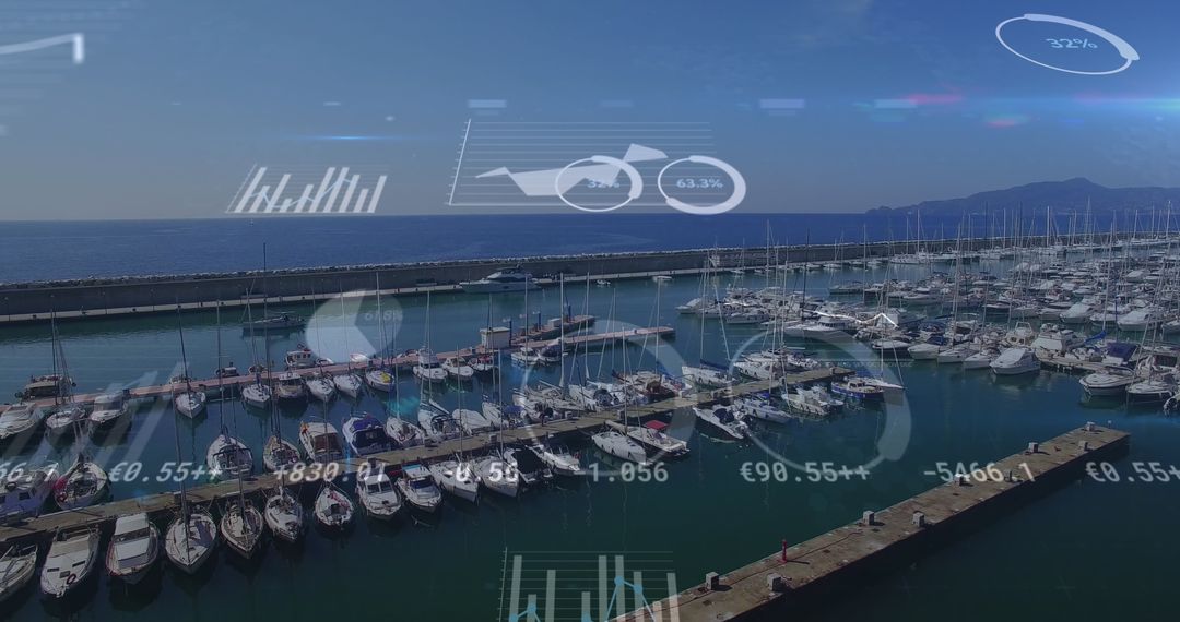 Financial Data Graphics Overlay on Marina Port