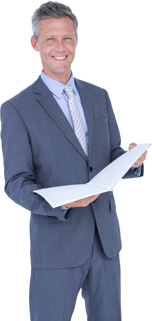 Smiling Businessman in Gray Suit Holding Transparent Documents