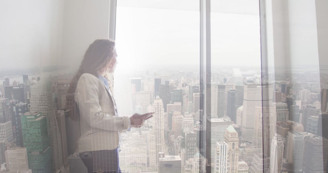 Businesswoman Overlooking City Skyline with Double Exposure Effect - Free Images, Stock Photos and Pictures on Pikwizard.com