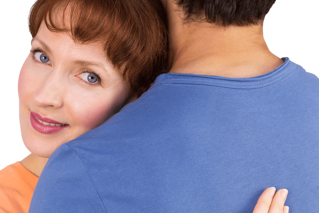 Woman Smiling While Hugging Partner in Transparent View