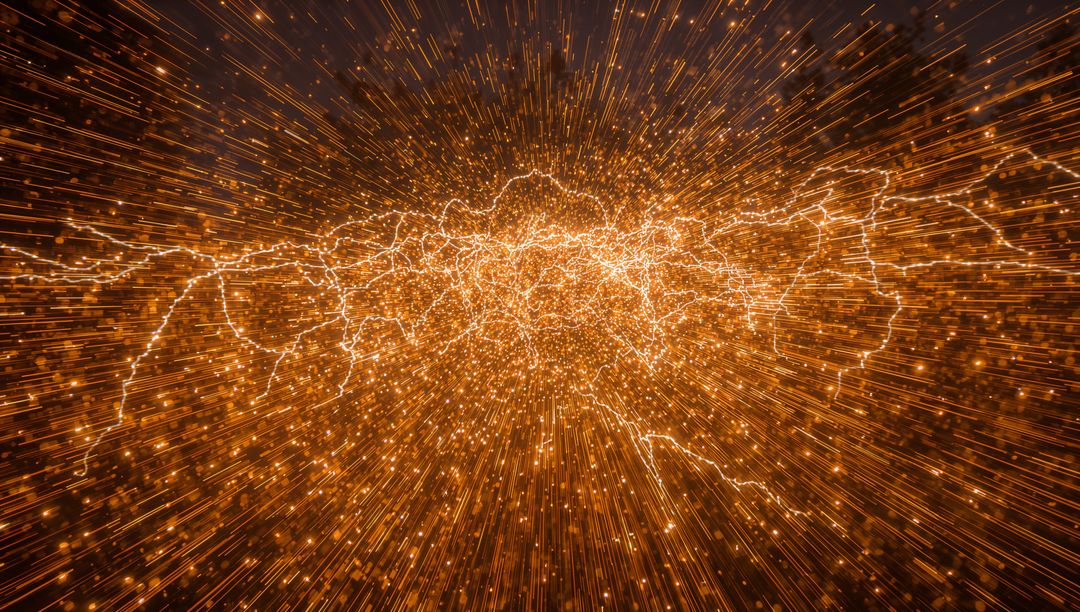 Radiating Golden Particle Core Streaming Outward with Electric Filaments and Radial Light