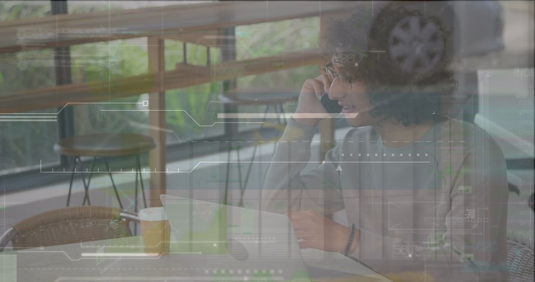 Digital Interface Over Bonding Man on Phone in Contemporary Cafe