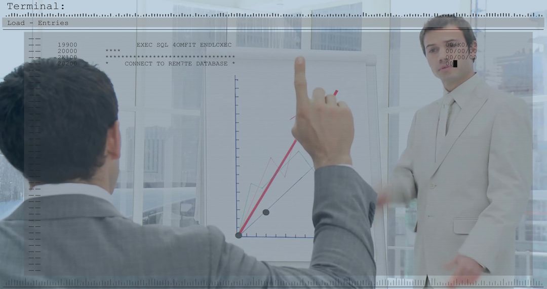 Businessman pointing at growth chart with red marker during presentation with terminal overlay