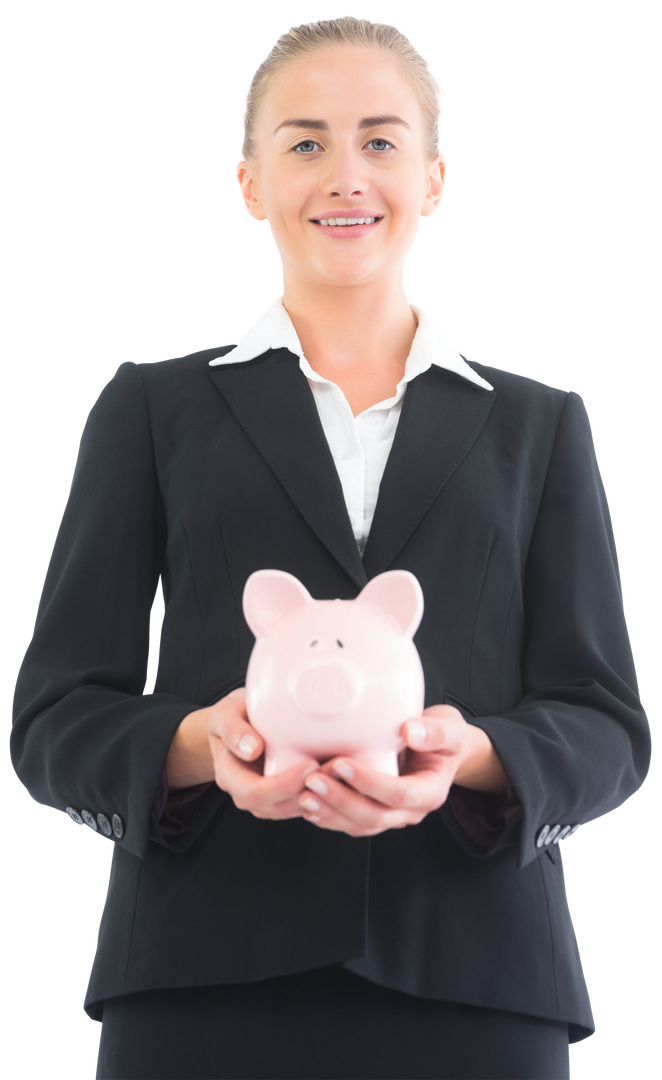 Transparent Businesswoman Holding Piggy Bank and Smiling - Download Free Stock Images Pikwizard.com