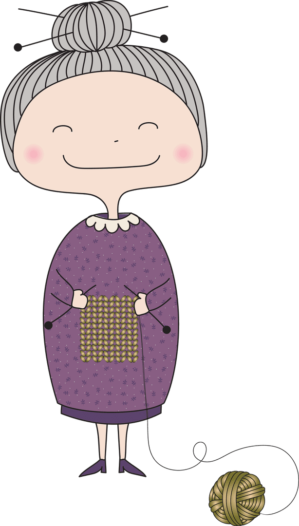 Transparent Cartoon Grandma Happily Knitting Yarn with Loops