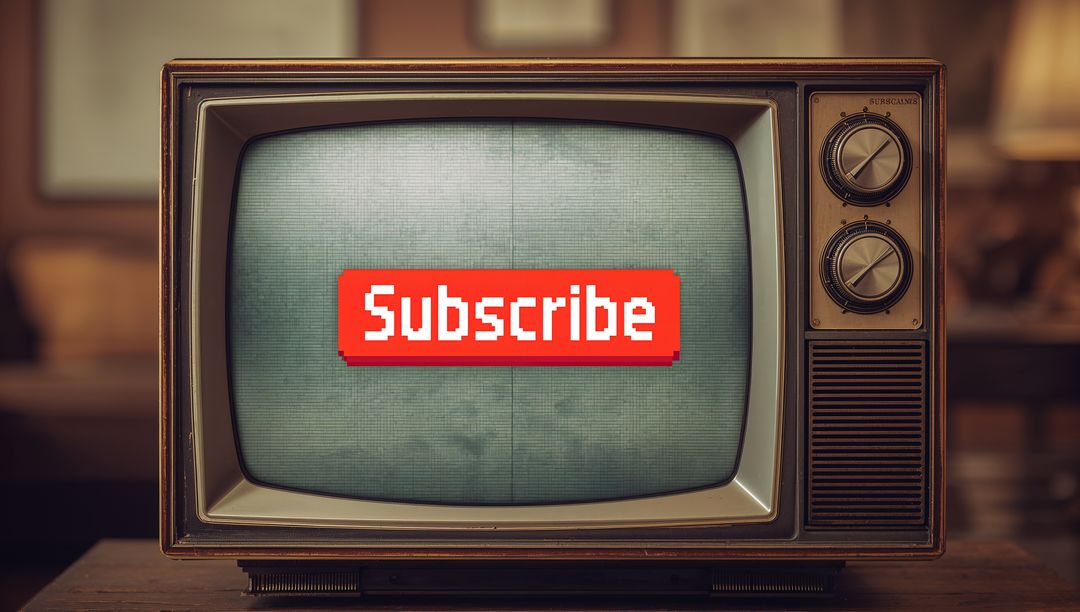 Retro CRT Television Displaying Pixel Subscribe Button on Vintage Wood Cabinet