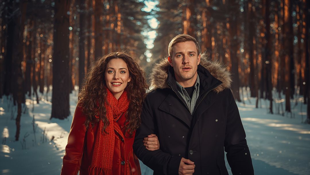 Couple Walking in Snowy Pine Forest During Winter
