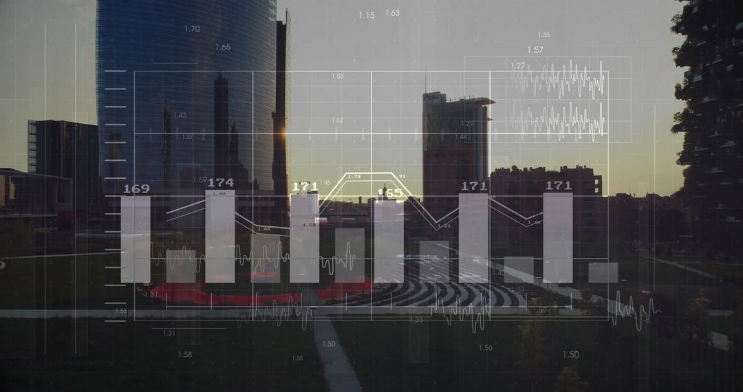 Data Analytics Overlay Across Modern Cityscape at Dusk