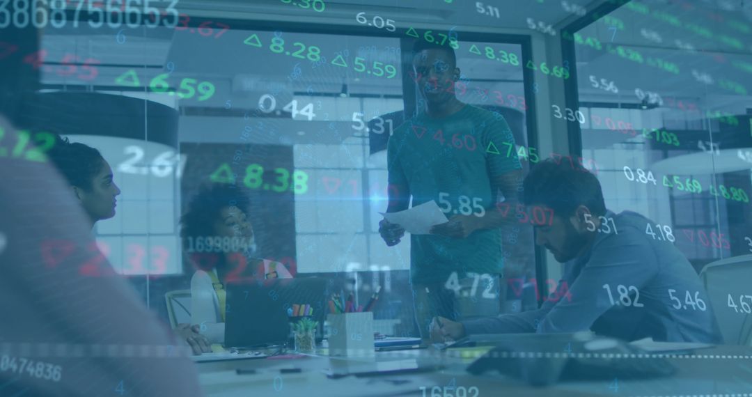 Financial Data Overlay on Collaborative Business Team in Modern Office