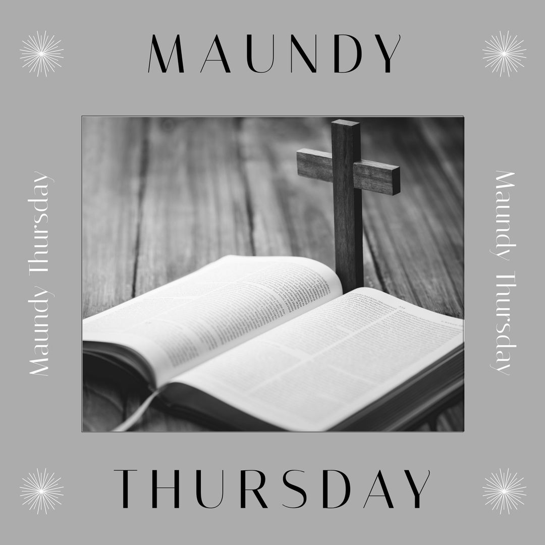 Maundy Thursday Bible and Cross on Rustic Wooden Table