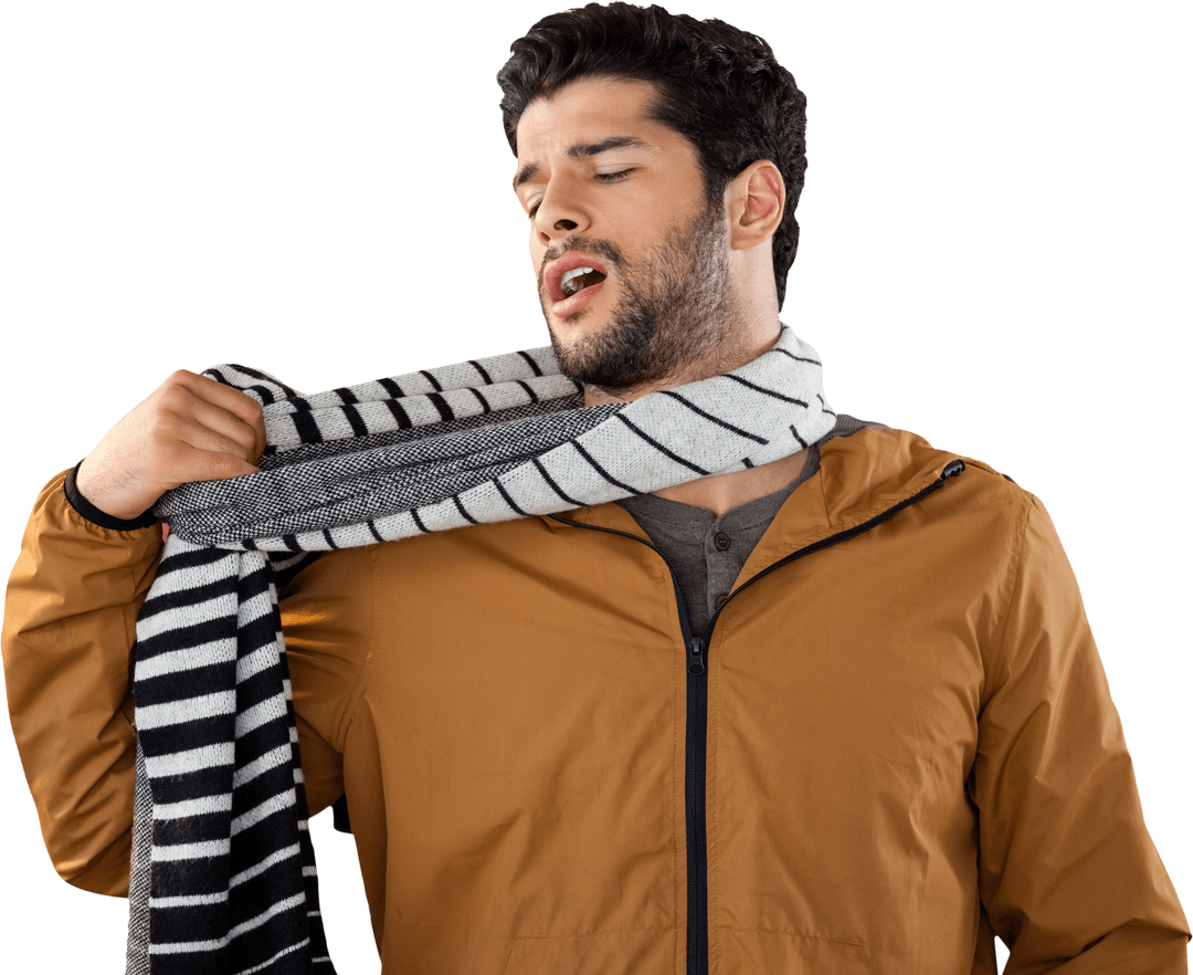 Confident Man Adjusting Stylish Scarf with Transparent Background