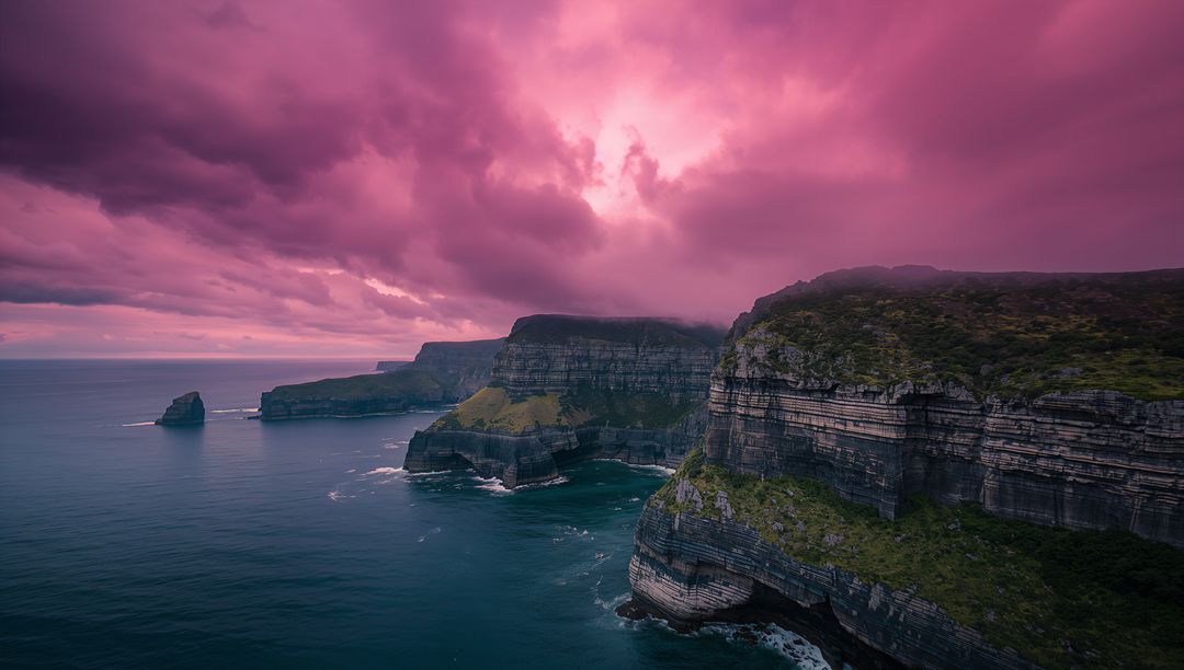 Dramatic Cliffs Under Vibrant Pink Sky at Ocean's Edge