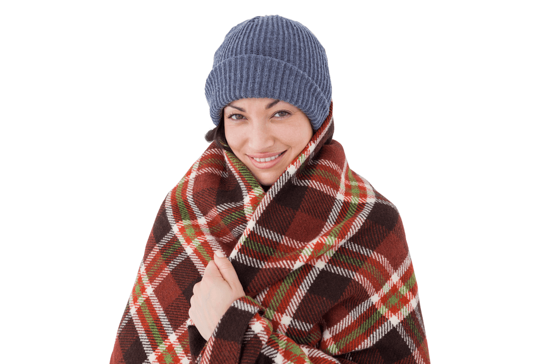 Smiling Woman Wrapped in Warm Checked Blanket Transparent Background