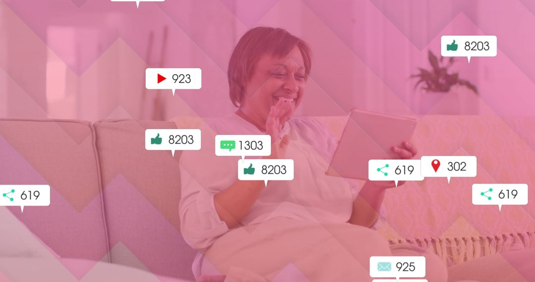 Mature Woman Engaging with Tablet Displaying Social Metrics
