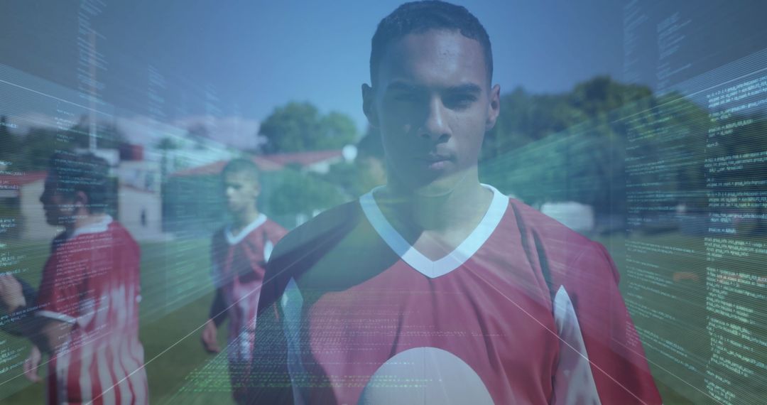 Soccer Player in Jersey Merging with Digital Code Overlay Outdoors