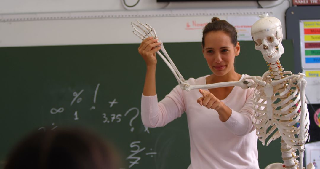 Teacher Demonstrating Skeleton Model in Classroom Education