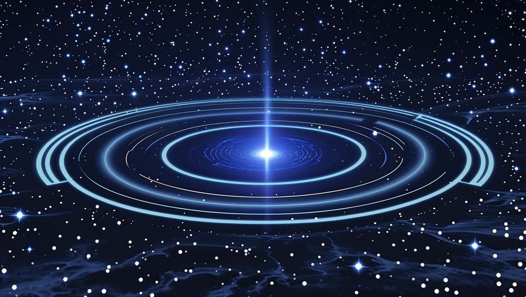 Glowing Energy Rings Around Star in Space with Vertical Light Beam