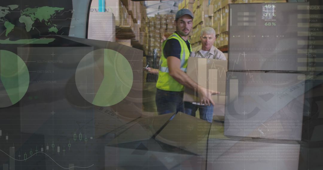 Delivery Workers Packing Boxes with Digital Overlay on Global Shipping