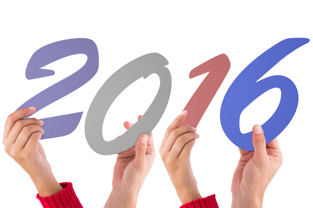 Celebratory Hands Holding 2016 Numbers on Transparent Background