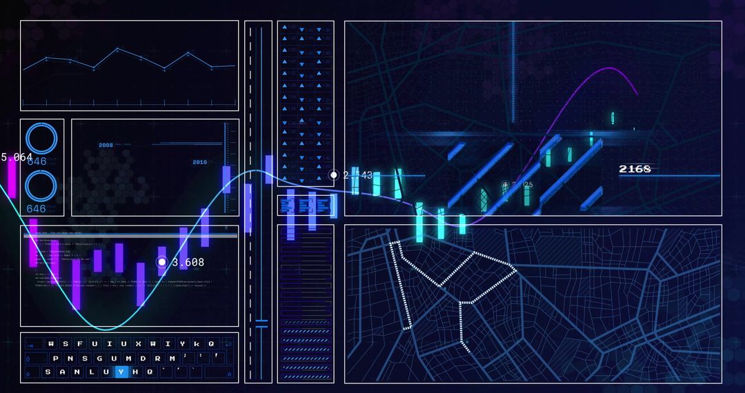 Futuristic Digital Data Dashboard with Charts and Gauges