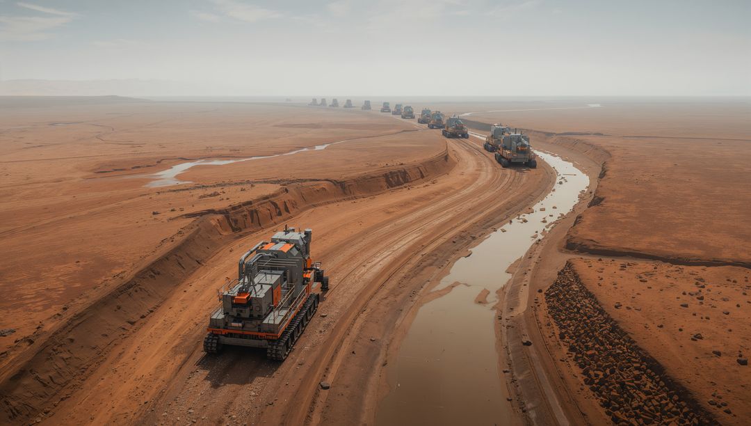Desert Tracked Convoy Moving Along Dry Channel for Large-Scale Earthmoving Operations