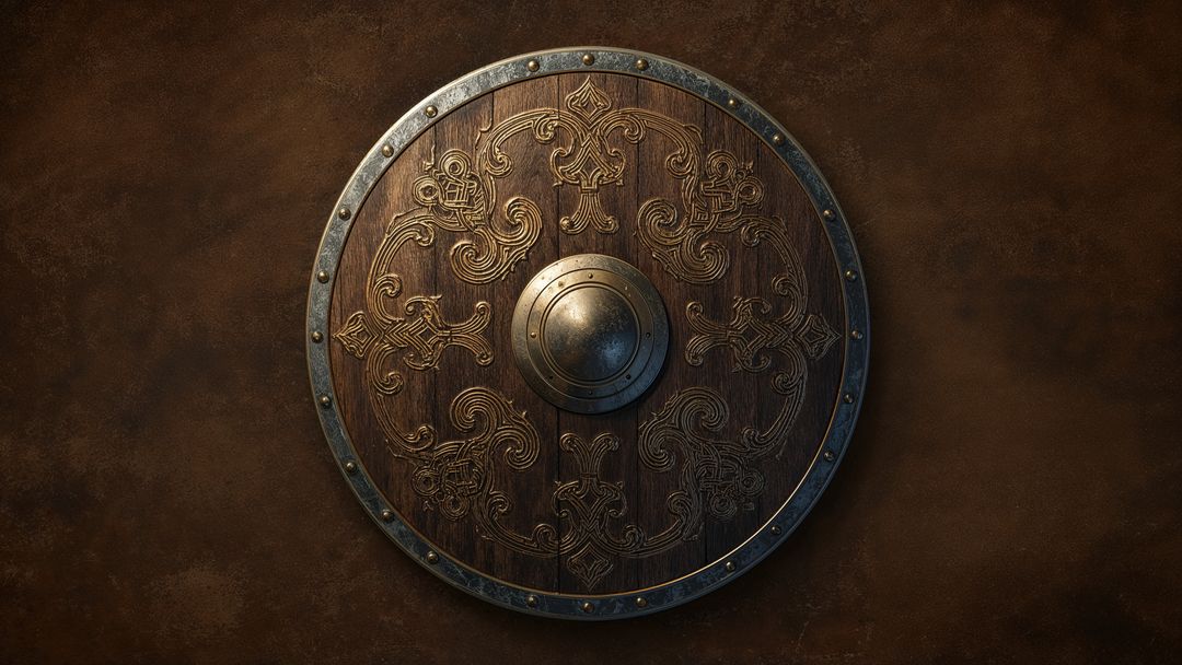 Medieval Wooden Shield Featuring Intricate Knotwork and Metal Boss