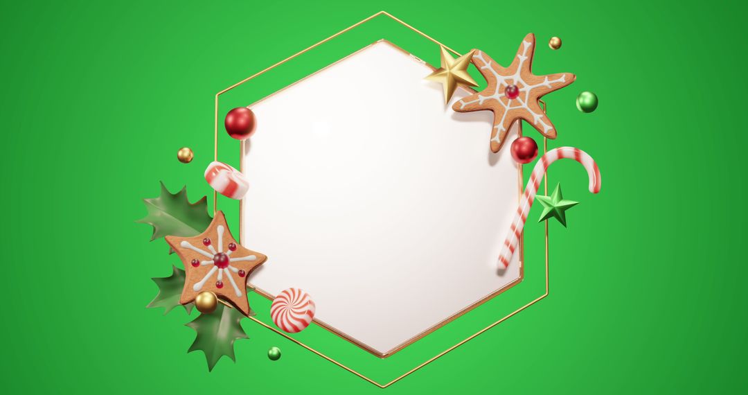 Hexagon Frame with Festive Christmas Decorations on Green