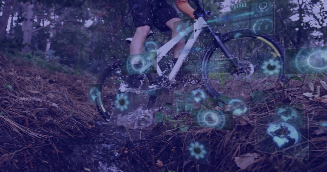 Cyclist Riding Through Forest Trail with Digital Data Overlay