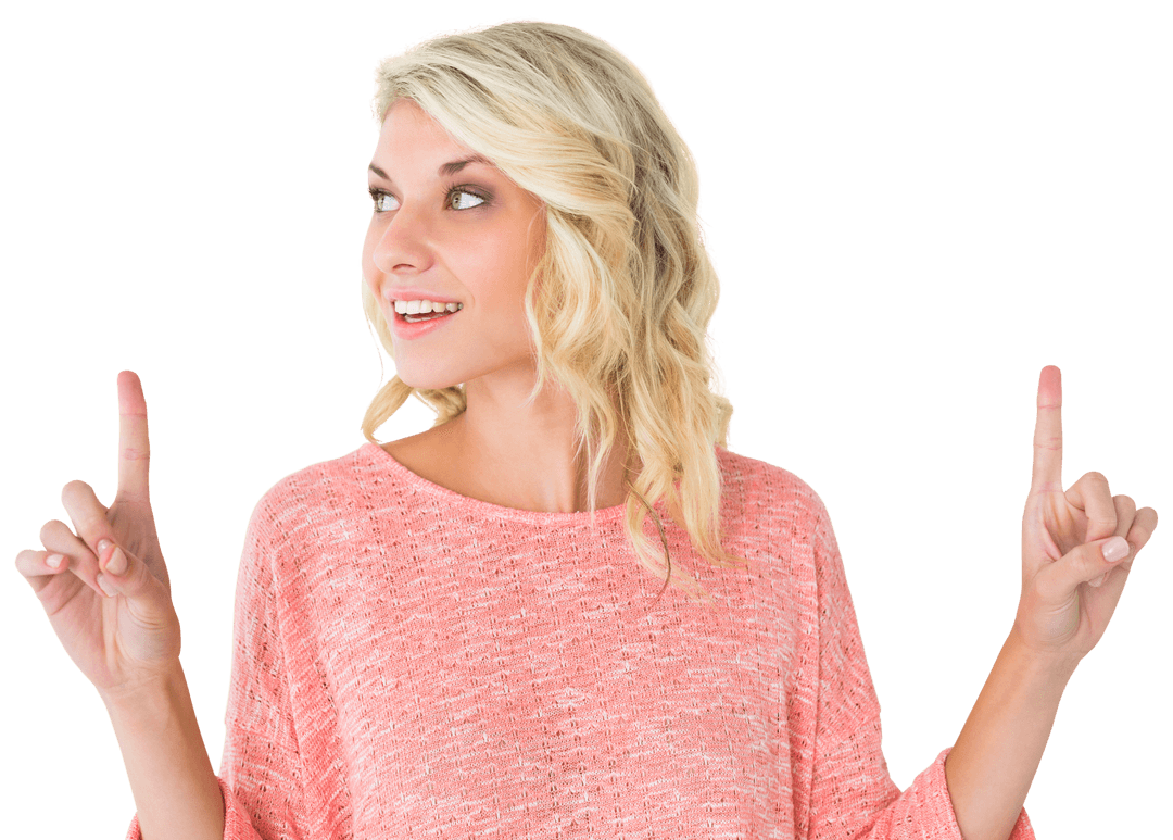 Smiling Woman with Blond Hair Pointing Up on Transparent Background