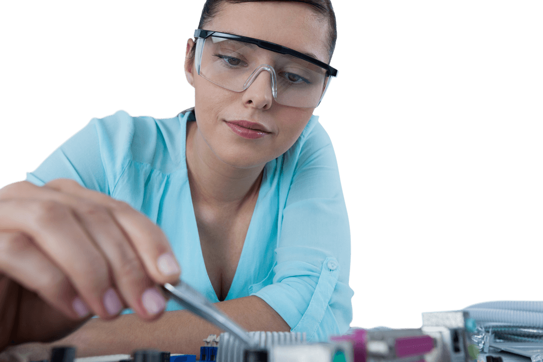 Transparent Female Computer Engineer Repairing Motherboard with Precision