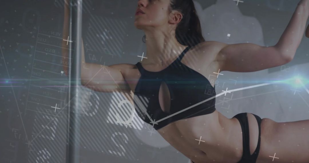 Athlete Performing Pole Fitness with Digital Technology Overlay