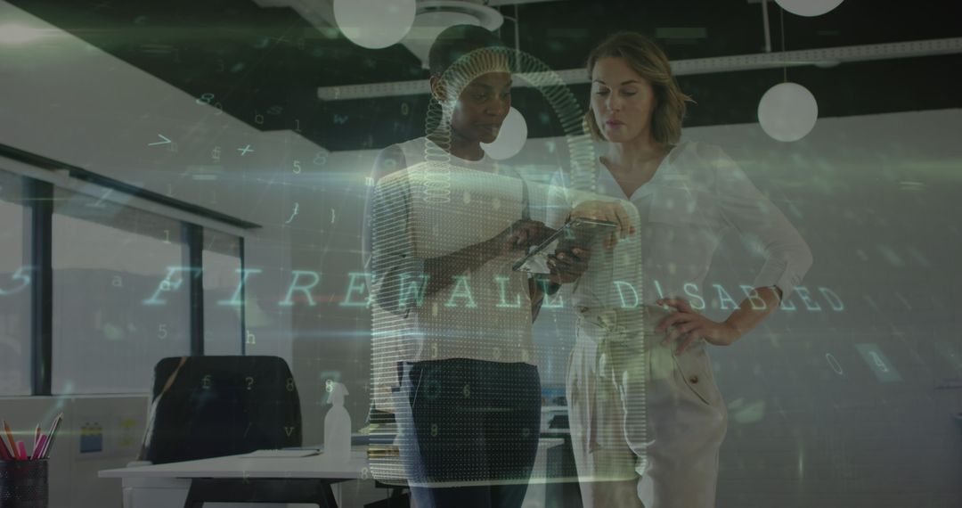 Businesswomen Analyzing Digital Data with Holographic Firewall Warning - Free Images, Stock Photos and Pictures on Pikwizard.com